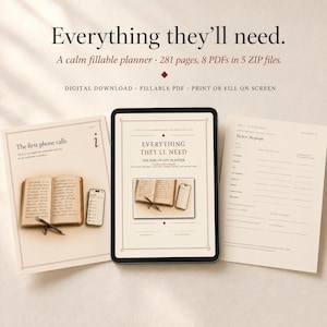 Może przedstawiać: Cyfrowy planer zatytułowany "Everything They'll Need" z 281 stronami, 8 plikami PDF i 5 plikami ZIP. Obrazek przedstawia planer na tablecie, z przykładowymi stronami i smartfonem. Tekst zawiera "The End-of-Life Planner".