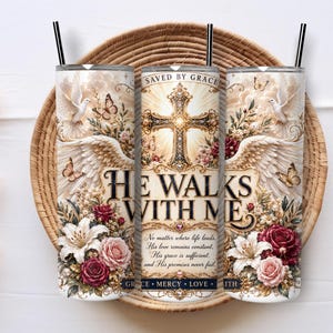 Christian Cross 20oz Skinny Tumbler Sublimation PNG Wrap, Faith Floral Wings Digital Download, Inspirational Cup Design