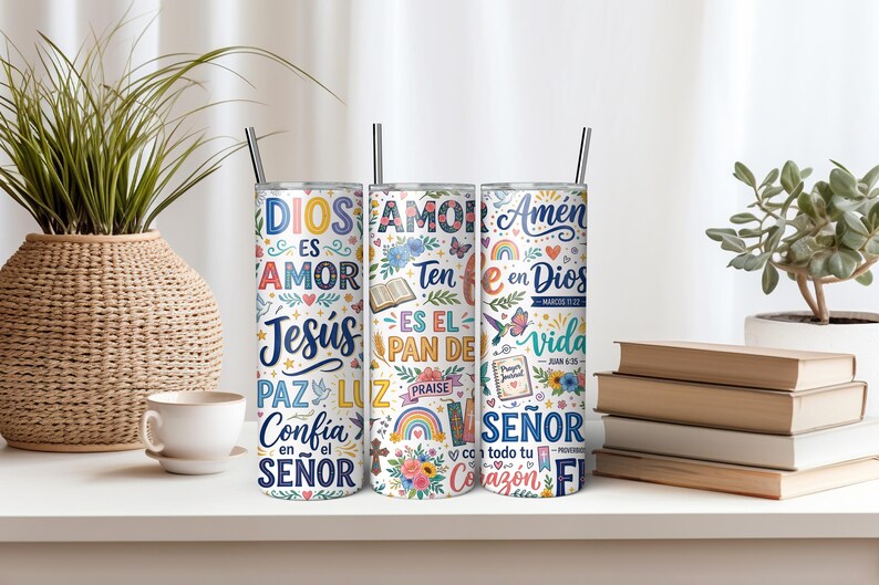May include: Three cylindrical metal tumblers with lids and straws, featuring a white background covered in colorful religious text and illustrations including flowers, hearts, rainbows, butterflies, a cross, and an open book with Spanish phrases.