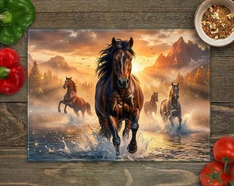 Horse Cutting Board Sublimation PNG, Running Wild Horses Nature Design Digital Download for Horse Lovers