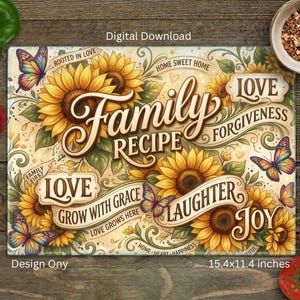 May include: A rectangular glass cutting board featuring a sunflower and butterfly design with the text Family Recipe, Love, Forgiveness, Laughter, Joy, Rooted in Love, Home Sweet Home, Grow with Grace, Love Grows Here, and Home Heart Happiness, measuring 15.4x11.4 inches.