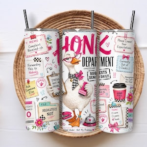 May include: Three cylindrical tumblers with black straws featuring a white goose wearing glasses and a checkered scarf. The design includes pink and black text such as HONK DEPARTMENT, sticky notes, stamps, and office-themed graphics on a white background.