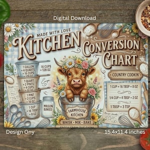 Pode incluir: Uma impressão retangular de tabela de conversão de cozinha com um bezerro castanho usando uma coroa de flores dentro de um balde de metal. O design inclui o texto Kitchen Conversion Chart, Made With Love e Country Cookin, além de ilustrações de copos medidores, colheres e um pote em um fundo xadrez azul e branco.