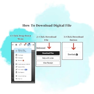 May include: An instructional graphic titled How To Download Digital File showing three steps. Step 1 shows a drop-down menu with account options. Step 2 shows a Delivered section with a Download Files button. Step 3 shows a Download button.