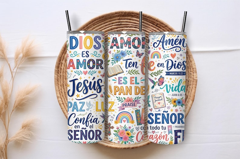 Spanish Cristiano para Diseño Tumblers | Plantilla Versículos Bíblicos para Sublimación de Skinny 20oz | Regalo Espiritual Vaso Religioso