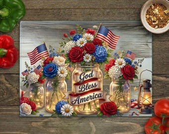 God Bless America Patriotic Flag Floral Manson Jar 4th July Glass Cutting Board Sublimation Design Digital Download