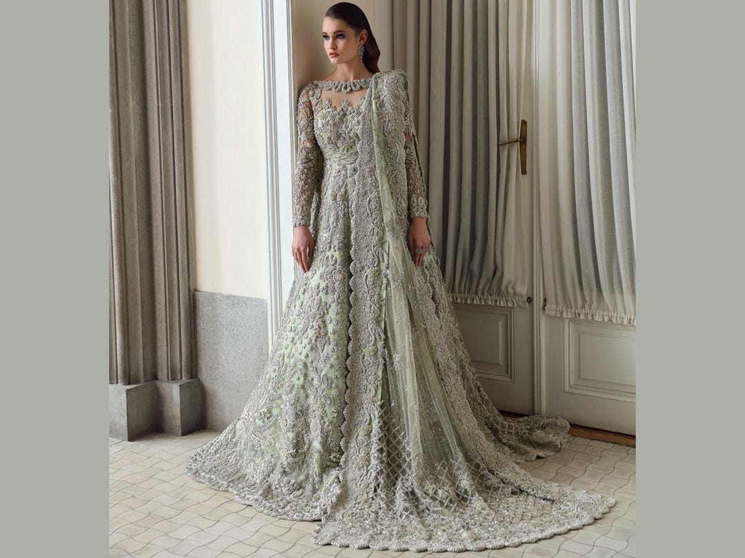 Pistachio Green Hand Embellished Bridal Maxi Gown: Pakistani Wedding Bridal Dress