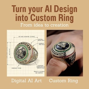 May include: A custom championship ring featuring a central black onyx stone, an emerald pavé halo, and the text 'NATIONAL CHAMPIONS' and 'BRAVE 2026'. The design includes a 0.55-inch top view diameter and a 15 x 16.4-inch technical sketch.