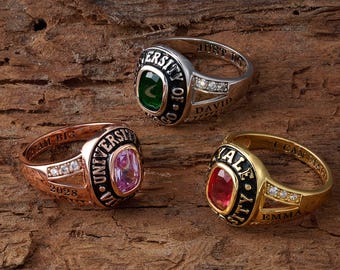 Anillo de graduación personalizado con nombre grabado, anillo de graduación de secundaria con piedra natal personalizada, joyería vintage llamativa, regalo para estudiantes de último año del equipo universitario
