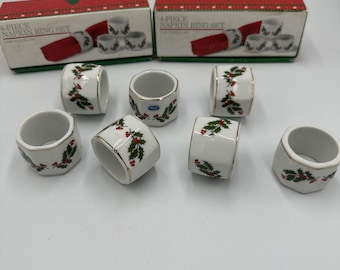 Vintage Mervyns Christmas Napkin Ring Set Fine Porcelain 7 Piece Set Holly Berry