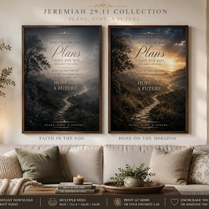 May include: Two framed wall art prints from the Jeremiah 29:11 collection featuring a stone path through a landscape. The left print shows a foggy scene, while the right print depicts a sunset. Both include the text For I Know The Plans.