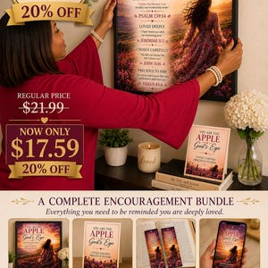 May include: A digital bundle featuring religious wall art, a greeting card, two bookmarks, and two phone wallpapers. Each item displays the text 'You are the apple of God's eye' alongside a sunset landscape illustration of a person in a field.