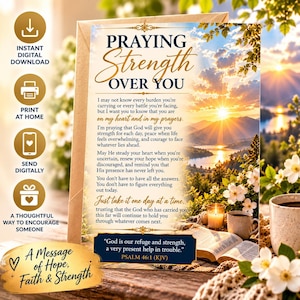 Può includere: Una carta rettangolare con il testo Praying Strength Over You e Salmo 46:1, su uno sfondo di montagne, un lago e un'alba. La carta include un messaggio di incoraggiamento stampato, fiori bianchi e una candela accesa.