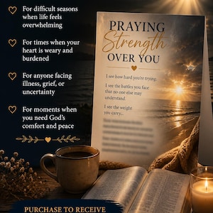 May include: An inspirational card with the words "Praying Strength Over You" is displayed next to an open book, a cup of coffee, and a lit candle. The card's message offers encouragement for difficult times.