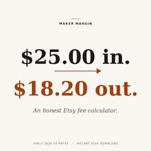 May include: A beige graphic with the text "MAKER MARGIN" at the top. Below, it displays "$25.00 in." and "$18.20 out." with an arrow. The text "An honest Etsy fee calculator" is below. The bottom reads "EARLY 2026 US RATES - INSTANT XLSX DOWNLOAD."