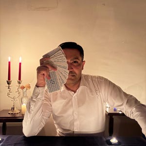 Puede incluir: Una persona sostiene un abanico de cartas del tarot, ocultando parcialmente su rostro. Las cartas tienen un dise&ntilde;o detallado. Dos velas rojas en candelabros ornamentados y un jarr&oacute;n decorativo son visibles en el fondo, creando un ambiente m&iacute;stico.