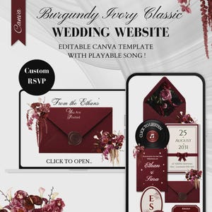 May include: A burgundy and ivory wedding website template for Canva featuring a digital invitation with a wax seal, a playable vinyl record icon, and floral accents. The text includes Burgundy Ivory Classic Wedding Website, Custom RSVP, From the Ethan's, You Are Invited, CLICK TO OPEN, CLICK TO LISTEN, 25 August 2031, and Ethan & Sara.