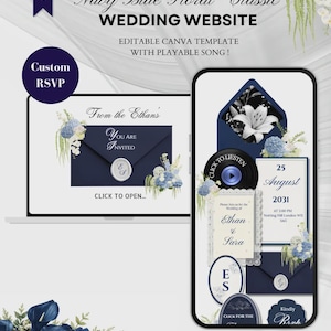 Può includere: Modello di sito web di matrimonio floreale blu navy visualizzato su un laptop e uno smartphone. Il design include elementi floreali, dettagli RSVP e informazioni sul matrimonio. Il testo recita "Navy Blue Floral Classic WEDDING WEBSITE".