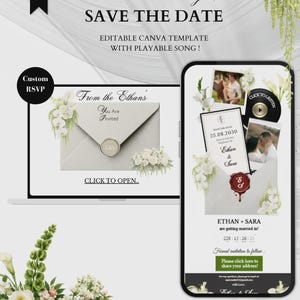 May include: A digital wedding invitation template in a black and white ivory classic style. The design includes the text "SAVE THE DATE" and "From the Ethan's". The invitation features floral accents and a custom RSVP option.