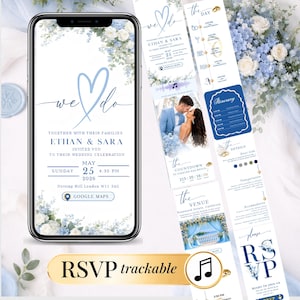 May include: A digital wedding invitation displayed on a smartphone screen and a vertical layout, featuring blue and white floral accents, a heart graphic, and text including Ethan and Sara, May 25, 2026, and a Google Maps link for the venue.
