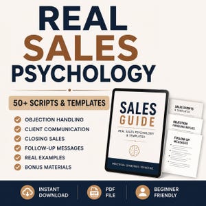 May include: A digital sales guide titled "Real Sales Psychology" with the text "Sales Guide" on the screen. The image includes a list of topics such as objection handling and closing sales, plus the words "Instant Download" and "Beginner Friendly".