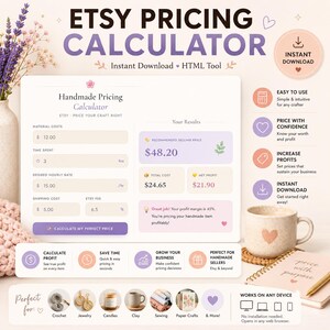 May include: An Etsy pricing calculator graphic with a white background. The calculator displays material costs, time spent, and desired hourly rate. The results show a recommended selling price, total cost, and net profit. The graphic includes icons and text promoting the calculator's features.