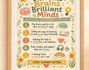 Different Brains Brilliant Minds Poster | Neurodivergent Affirmation Print | ADHD Autism SEN Classroom Decor | Digital Download Wall Art