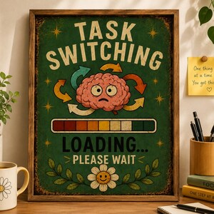 May include: A rectangular wall sign with a dark green background featuring a central illustration of a pink brain with a worried expression, surrounded by colorful arrows, a loading bar, and the text "TASK SWITCHING LOADING... PLEASE WAIT".