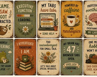 Juego de 5 divertidos pósteres imprimibles Neurospicy, conjunto de arte mural para TDAH, impresiones digitales neurodivergentes, decoración rústica vintage, juego de 5