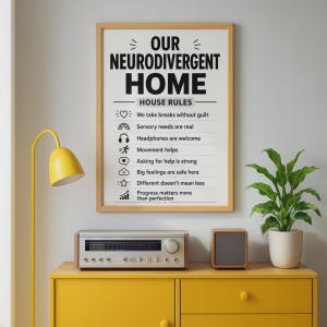 May include: A framed wall poster with a white background and black text titled Our Neurodivergent Home House Rules. It lists eight rules with icons including a heart, rainbow, headphones, person running, speech bubble, cloud, star, and bar chart.
