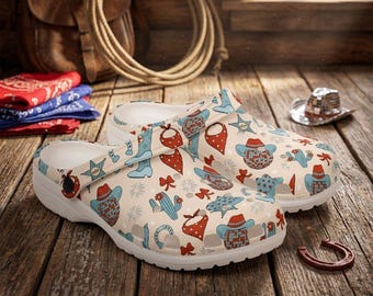 Cowgirl Western Crocs Shoes for Women, Cowboy Boot & Hat Print Slip On Shoes, Cute Country Style Garden Clogs, Lightweight Beach Sandals
