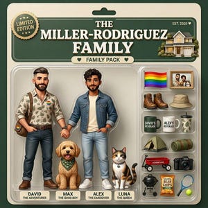 May include: A collectible action figure set titled The Miller-Rodriguez Family, featuring two male figures, a golden doodle dog, and a calico cat. Accessories include a rainbow flag, framed photo, hiking boots, mugs, tent, wagon, camera, and snacks.