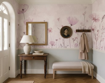 Papel pintado floral rosa pálido: Mural de amapolas grandes en acuarela para habitación de niñas