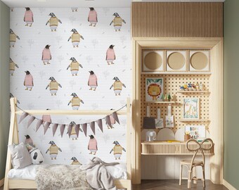 Papel pintado de pingüinos para guardería con árboles: divertido vinilo decorativo rosa para casa de muñecas.