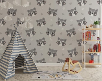 Unique Nursery Raccoon Wallpaper:Fun Grey Playroom Wall Mural