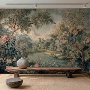 May include: A detailed mural of a tranquil landscape with a lake, trees, and flowers. A wooden bench and a stone side table are in front of the mural. A large, round vase sits on the bench. The color scheme features greens, blues, and pinks.
