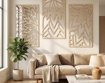Wooden Mirror Wall Art Set of 3 | Leaf Design Wall Decor Panels | Modern Boho Wall Mirror | Minimalist Living Room Home Decor