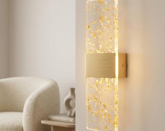 Modern Gold LED Wall Sconce Nordic Acrylic Gold Leaf Wall Light Elegant Rectangular Bedside Sconce Lamp for Bedroom Living Room Hallway