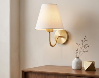 Modern Brass Wall Sconce with White Fabric Shade | Mid-Century Bedside Reading Lamp | Elegant Gold Wall Light Fixture E27 for Bedroom