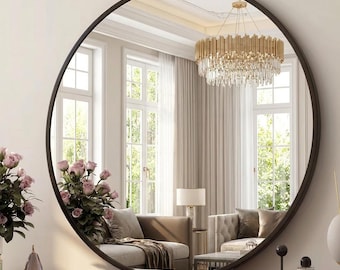36 Inch Round Black Wall Mirror, Large Matte Circle Mirror for Entryway, Modern Bathroom Vanity Decor, Minimalist Living Room Wall Art