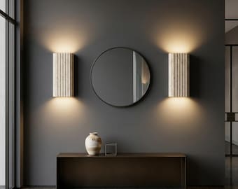 Modern Travertine Wall Sconce Japandi Fluted Natural Stone Wall Light Wabi Sabi Yellow Cave Stone Bedside Lamp Living Room LED Sconce