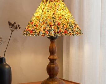 Vintage Floral Pleated Table Lamp | Wood Grain Metal Base Desk Light | Cottagecore Bedroom Decor | Retro Grandmillennial Bedside Lamp