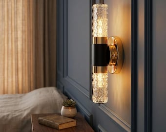 Modern Gold Crystal Wall Sconce - Luxury Black and Brass Vanity Light for Bathroom, Bedroom & Hallway - Textured Glass Art Deco Wall Lamp