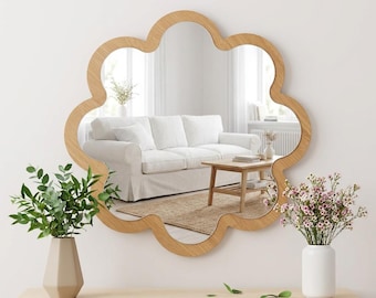 Wooden Flower Wall Mirror Scandi Aesthetic Room Decor Cute Vanity Mirror for Girls Dorm Shatterproof Acrylic Cloud Nursery Mirror