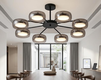 Modern LED Ceiling Light Large Nordic Smart Chandelier Smoky Glass Globe Flush Mount Ceiling Lamp 8-Light Dimmable Fixture for Living Room