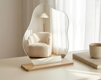 Irregular Acrylic Vanity Mirror with Wooden Base Minimalist Cloud Makeup Mirror Aesthetic Desk Decor Frameless Puddle Table Mirror