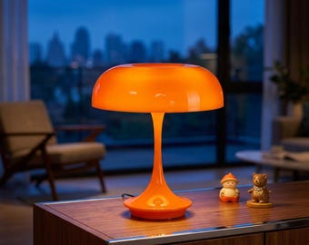 Lampa w kształcie grzyba w stylu retro w kolorze pomarańczowym, lampa biurkowa LED w stylu mid-century modern, ściemnialna lampka nocna przy łóżku, prezent do pokoju z możliwością ładowania przez USB