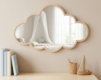 Wooden Cloud Mirror for Nursery Scandi Kids Room Wall Decor Shatterproof Acrylic Baby Safe Mirror Minimalist Playroom Wall Art