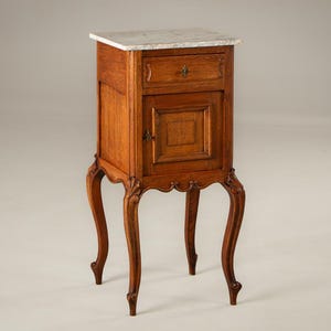 Vintage Solid Wood Nightstand with Marble Top, Hand-Carved French Style Legs