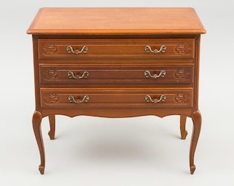 Vintage French Solid Wood Nightstand: Hand-Carved 3-Drawer Chest, Classic Bedroom Furniture